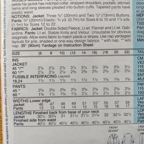 Fleece Jacket and Tapered Pants Sewing Pattern Size 12-16 4246 UNCUT - Picture 5 of 8